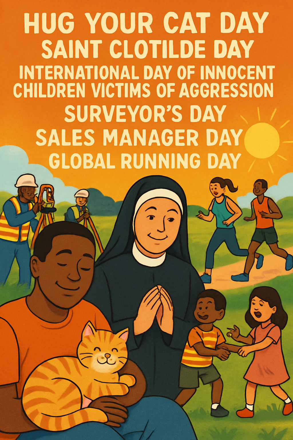 Dia de Abraçar seu Gato, Dia de Santa Clotilde, Dia Internacional das Crianças Inocentes Vítimas de Agressão, Dia do Engenheiro Agrimensor, Dia do Gestor Comercial, Dia Mundial da Corrida