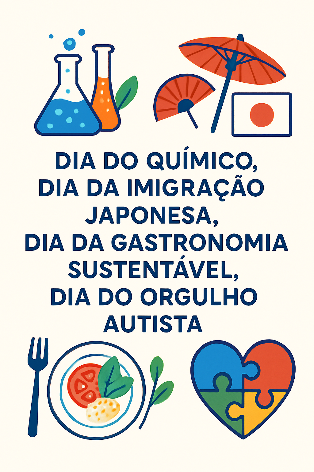 Dia do Químico, Dia da Imigração Japonesa, Dia da Gastronomia Sustentável, Dia do Orgulho Autista